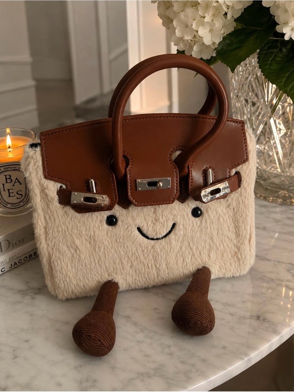 Brown Leather Shoulder Bag Faux Fur Satchel Bag with Playful Face